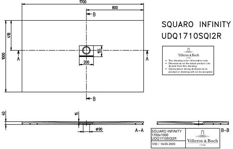 Receveurs de douche Villeroy & Boch Squaro Infinity (UDQ1710SQI2RV-1S)